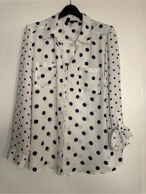 Women’s XL Relativity White Black Polka Dot Button-Down Blouse